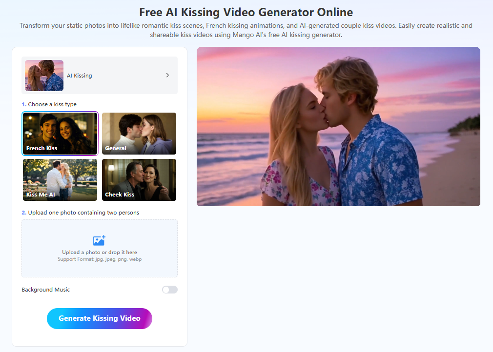 Mango AI Offers AI Kissing Generator Free for Creating Lifelike Kiss Videos