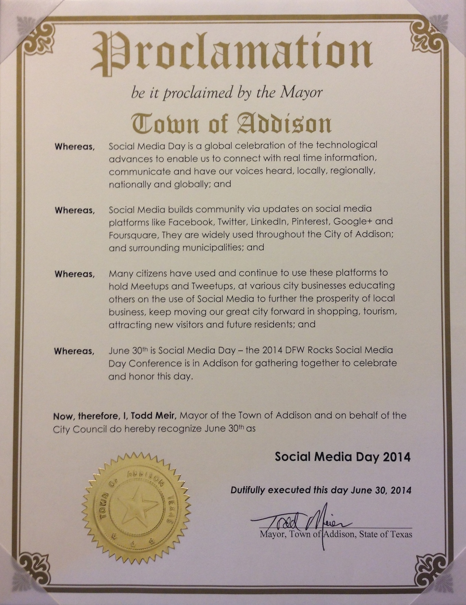Addison, Texas Proclaims June 30th “Social Media Day.” Thank you, Mashable!