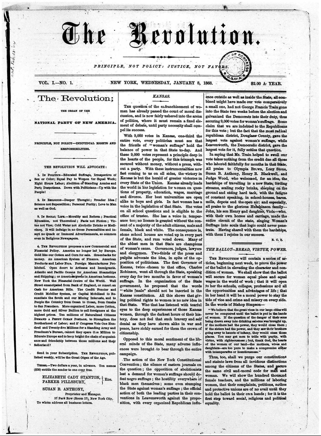 Susan B. Anthony’s Newspaper “The Revolution” (1868-1872) published by PaperlessArchives.com