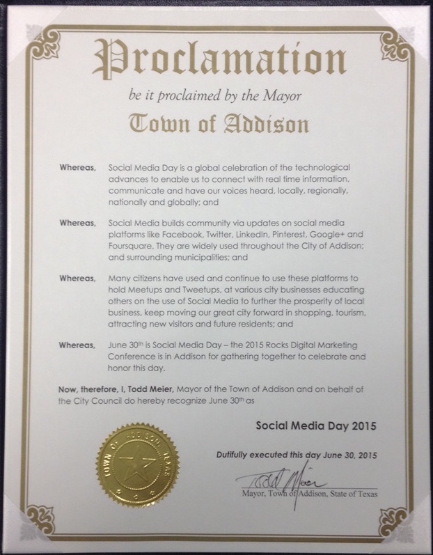 Addison, Texas Proclaims June 30 Social Media Day and Recognizes Rocks Digital Marketing Conference