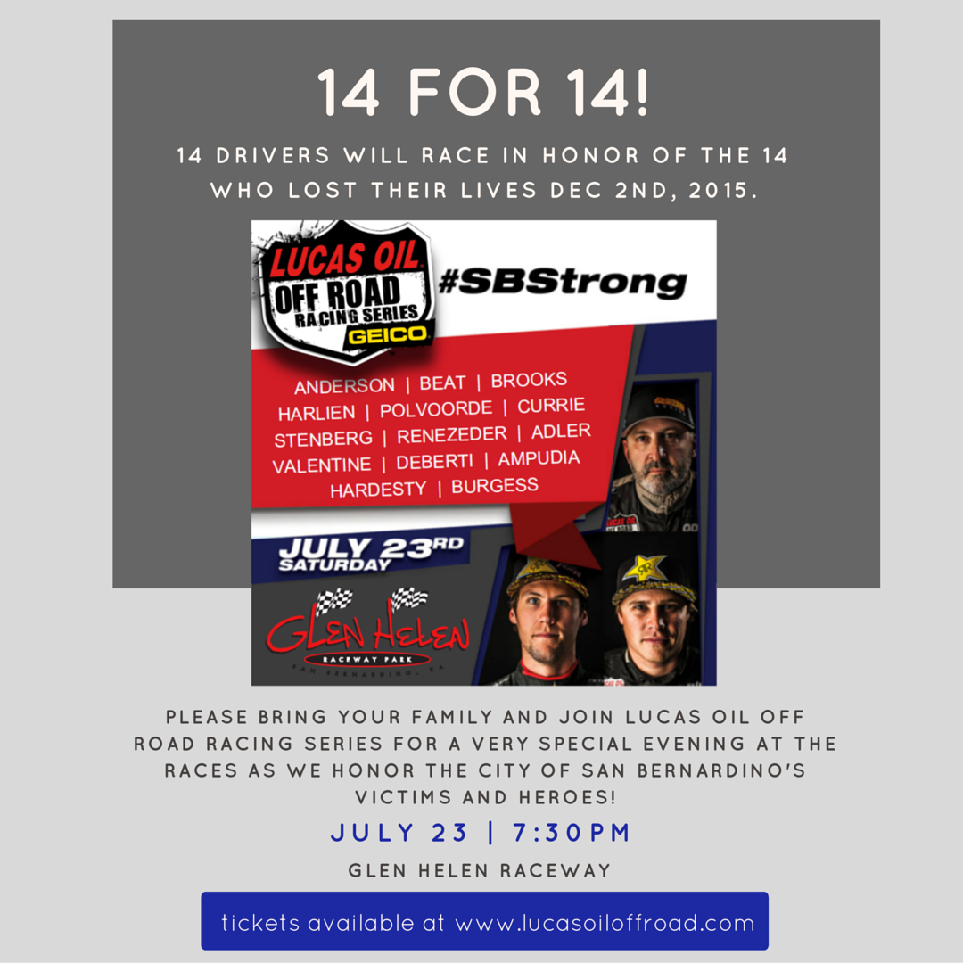14 Pro Drivers Will Race This Weekend At Glen Helen to Honor San Bernardino Shooting Victims