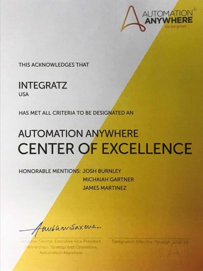 Integratz Launches RPA Center of Excellence with Automation Anywhere