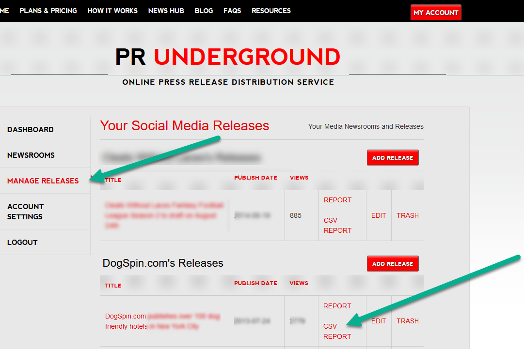 Download a CSV (Excel) file with your PRunderground press release pickups