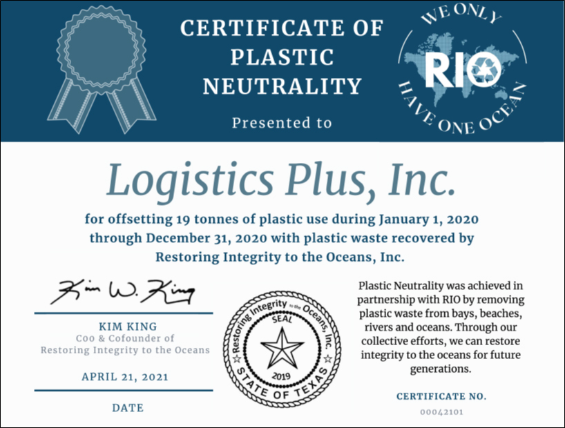 Logistics Plus is First Corporate Sponsor to Enroll in the RIO Plastic Neutrality Program