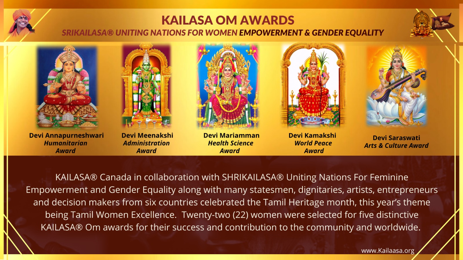 Twenty-two Distinguished Tamil Women Receive the KAILASA® Om Awards, on Tamil Heritage Month Celebration