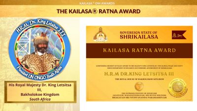 The SPH Nithyananda Paramashivam Confers KAILASA’s Highest Civilian Award to His Royal Majesty Dr. King Letsitsa III and Madame Premier Prime Minister Her Royal Highness Nteboheng Maphela of the Bakholokoe Kingdom, South Africa