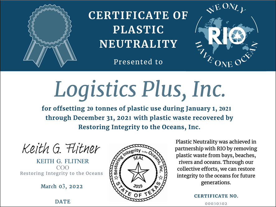 Logistics Plus Receives RIO Plastic Neutrality Certification for a Second Straight Year