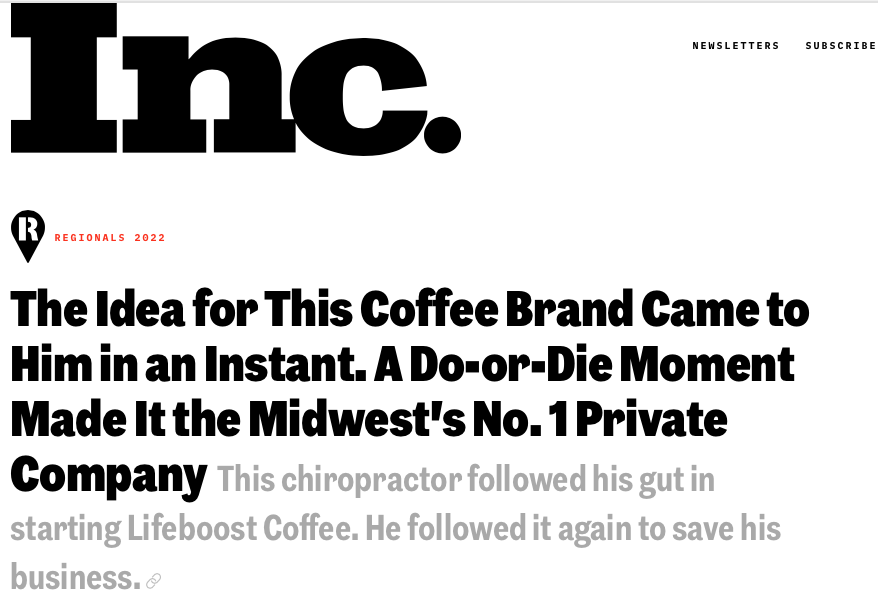 Lifeboost Coffee LLC Featured on Inc.’s Top 5000 as the fastest-growing Provider of Clean, Healthy, and Low Acid Coffee