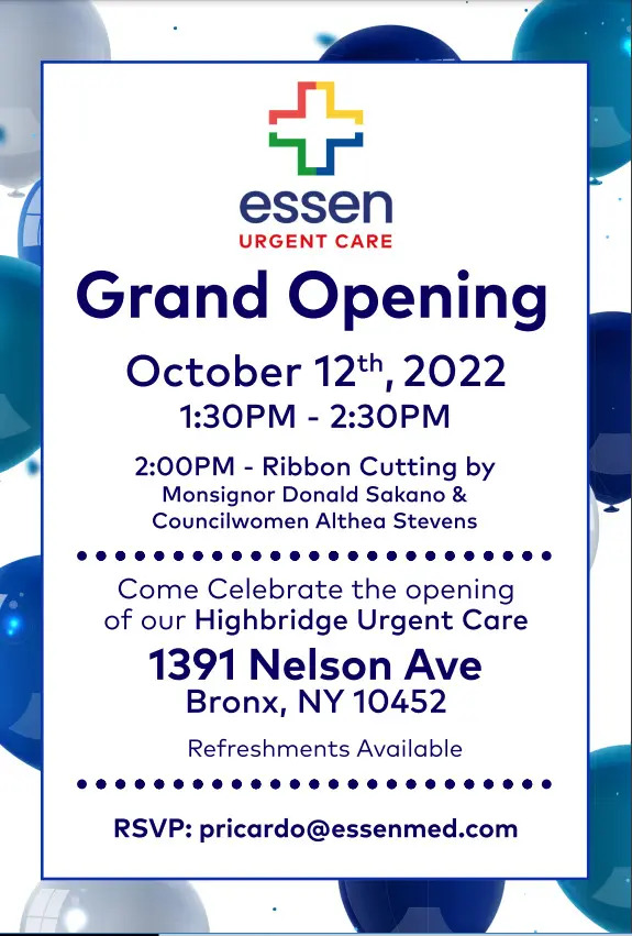 Essen Health Care to Open New Highbridge Urgent Care Center in Bronx, NY on October 12th, 2022