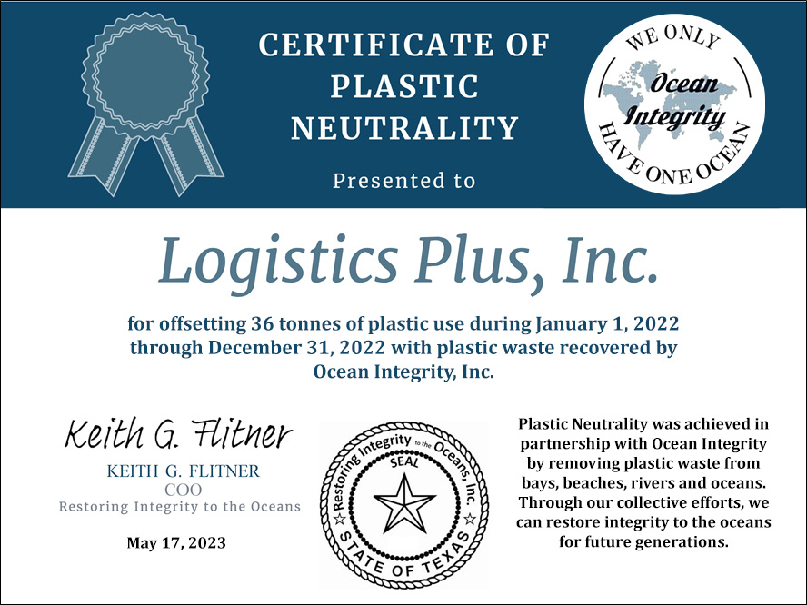 Logistics Plus Receives Plastic Neutrality Certification for a Third Year
