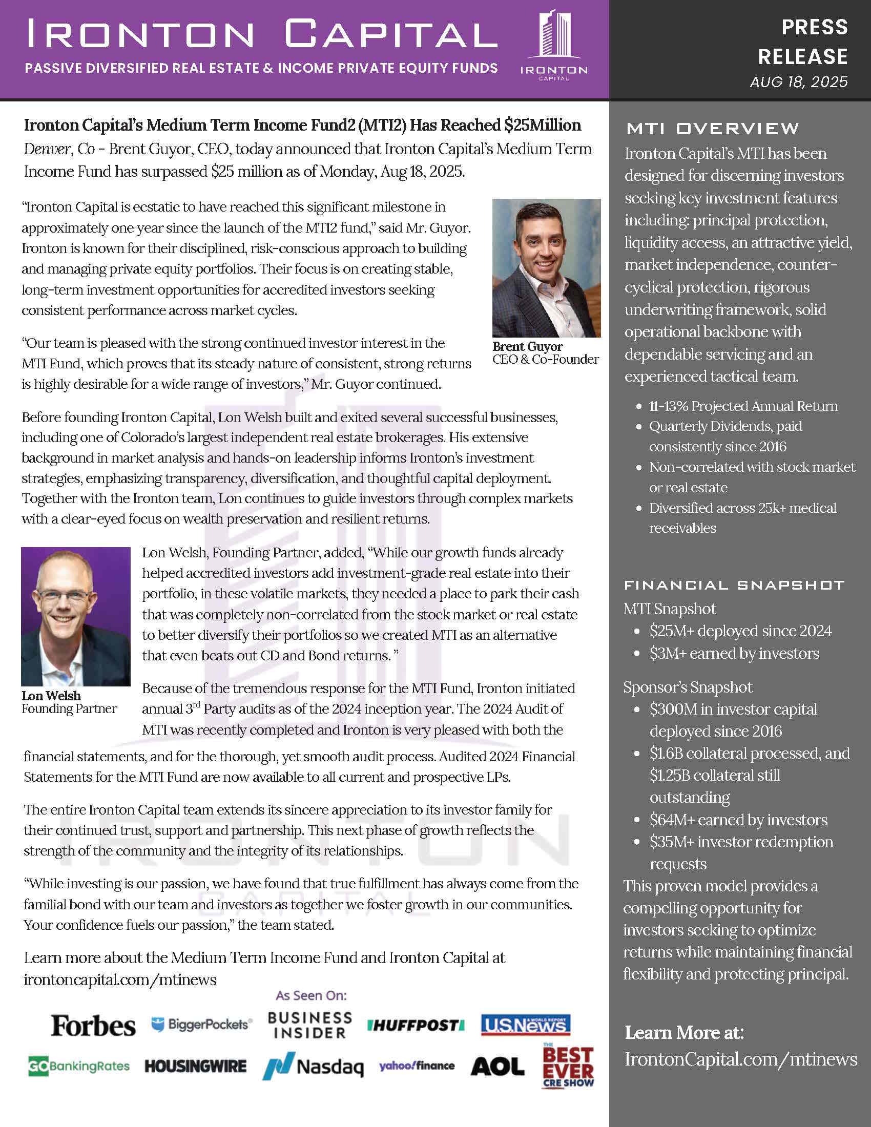 Ironton Capital’s Medium Term Income Fund2 (MTI2) Has Reached $25Million