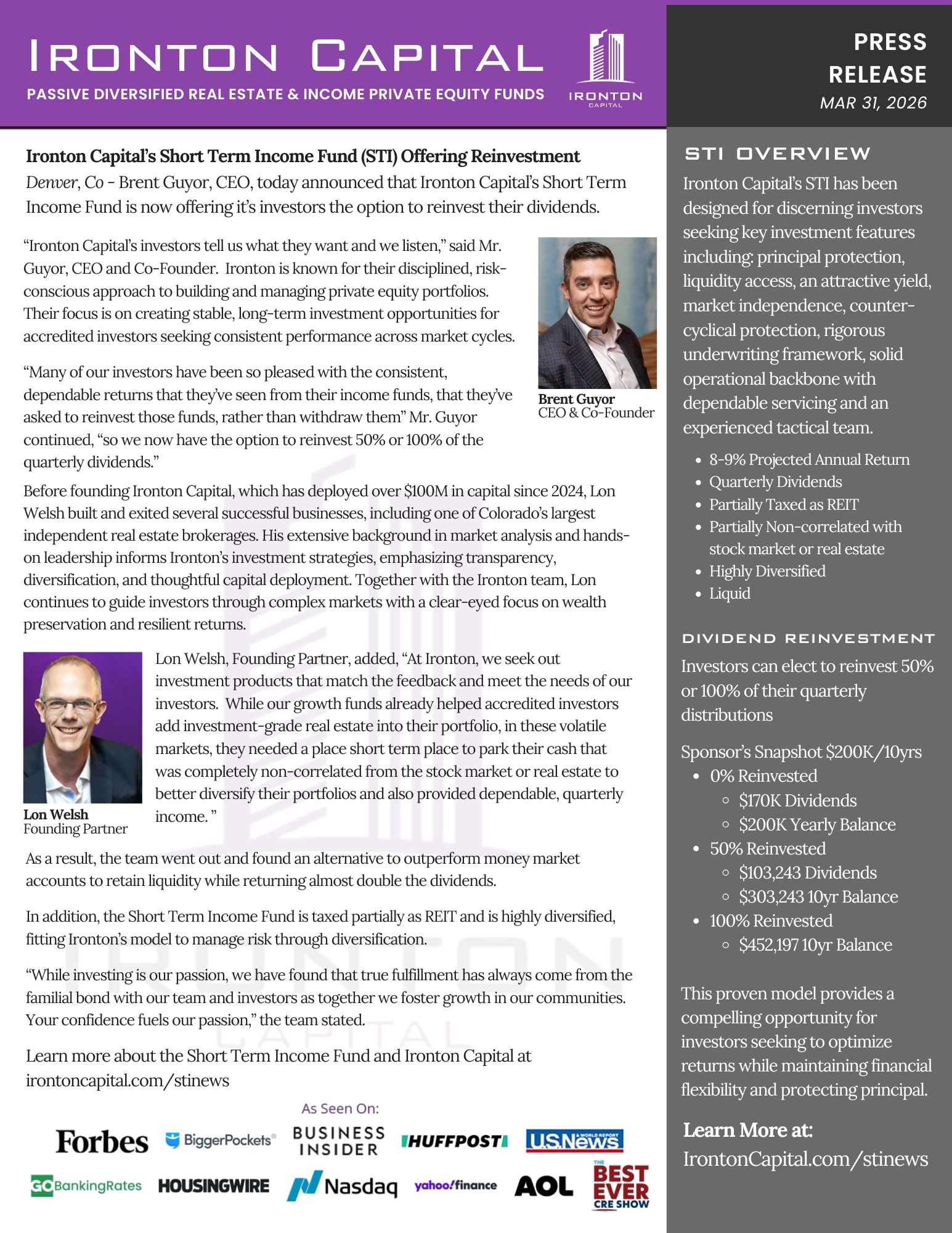 Ironton Capital’s Short Term Income Fund (STI) Offering Reinvestment