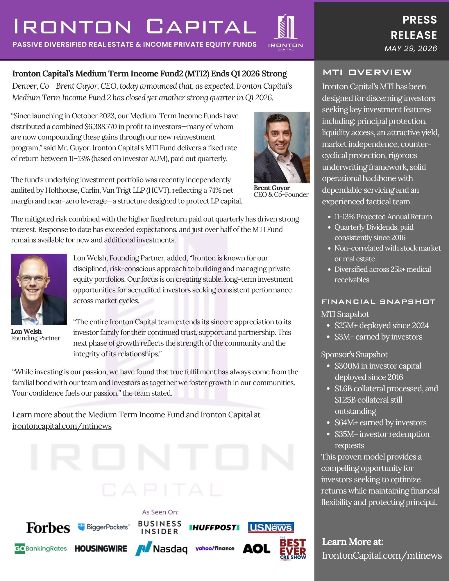 Ironton Capital’s Medium Term Income Fund 2 (MTI2) Ends Q1 2026 Strong