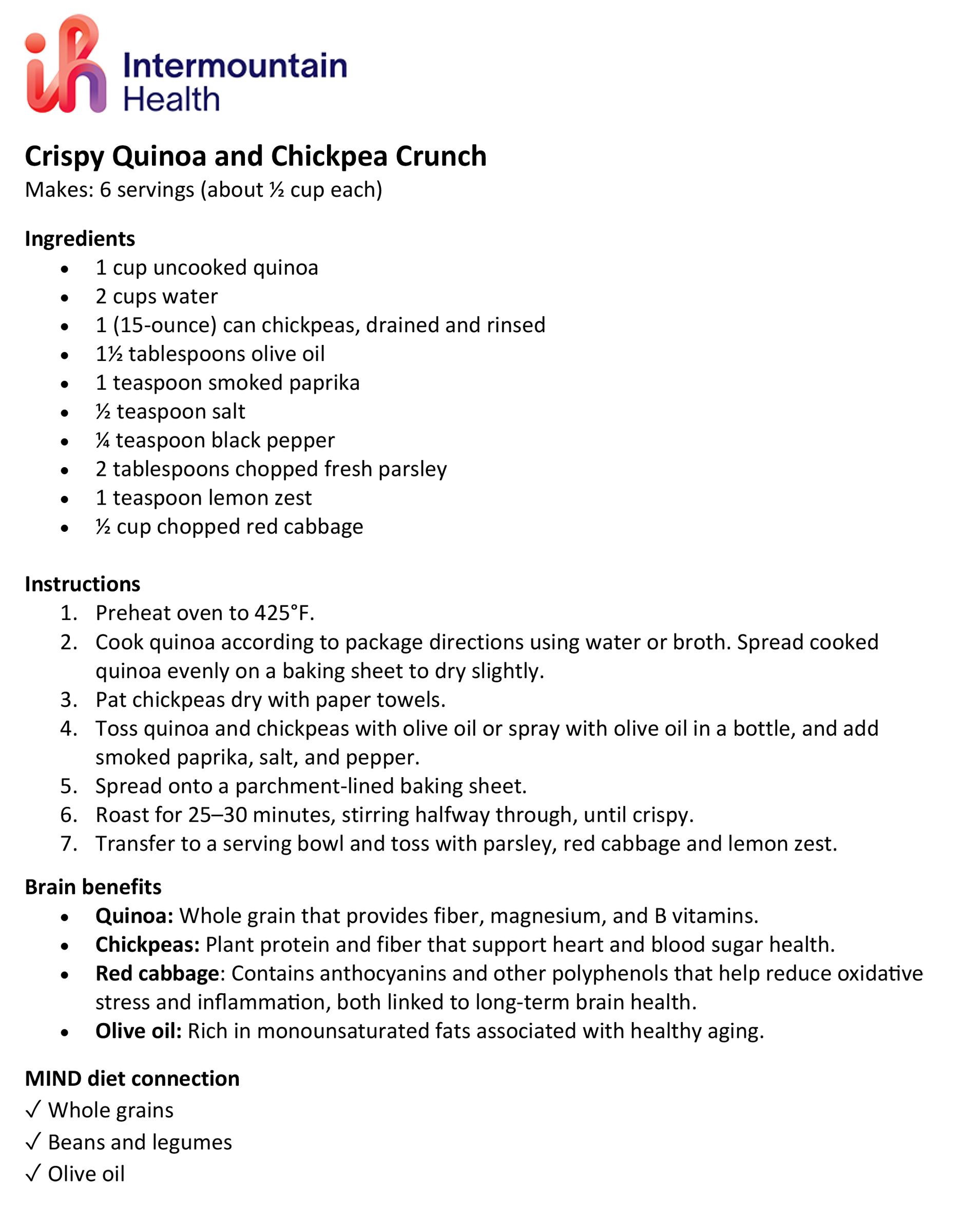 Crispy Quinoa and Chickpea Crunch Recipe is Brain Food from Intermountain Health
